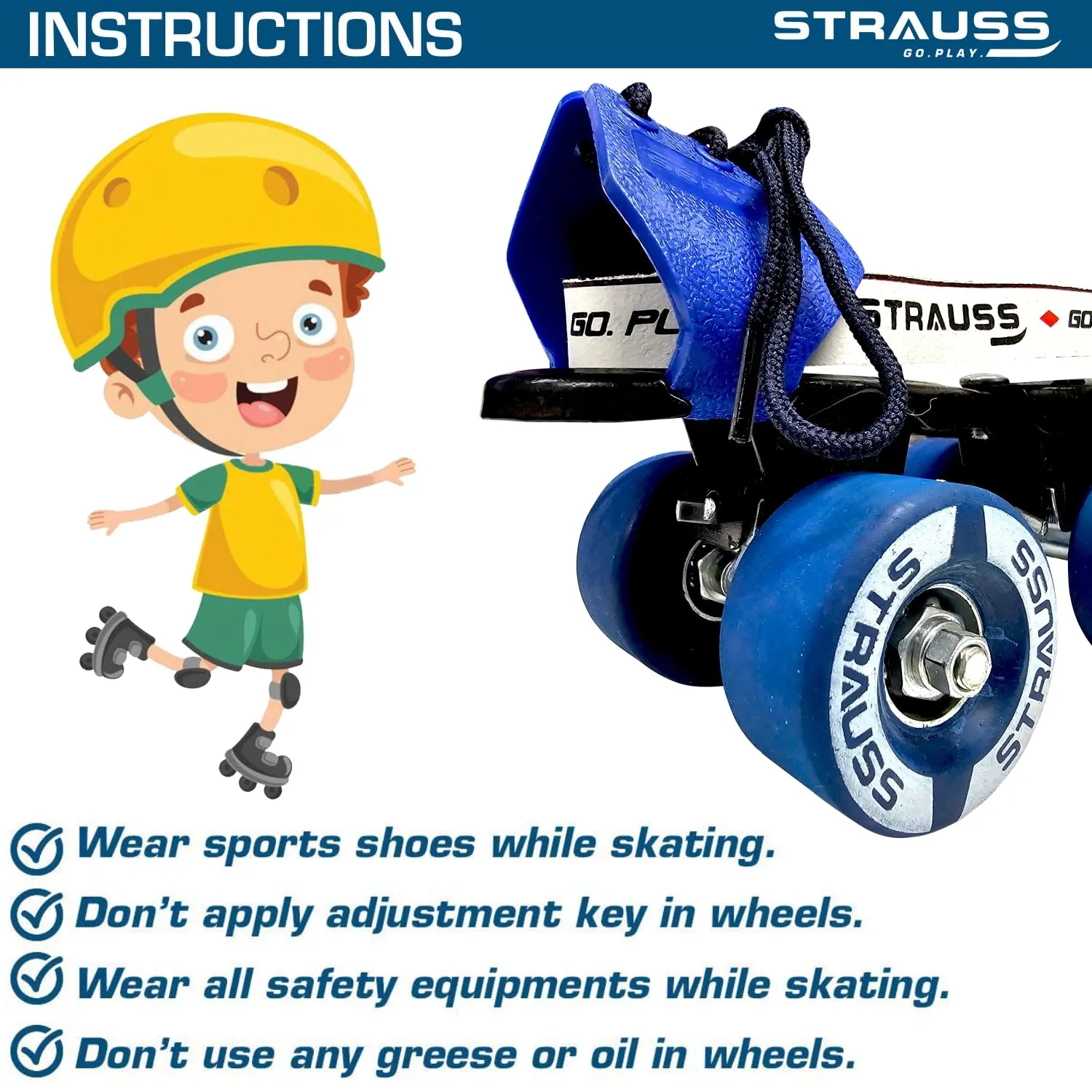 STRAUSS Senior Tenacity Roller Skates | Adjustable Shoe Size | 4 Wheels Skating Shoe for Boys and Girls | Ideal for Indoor and Outdoor Skating | Suitable for Age Group Above 9 Years, (Blue)