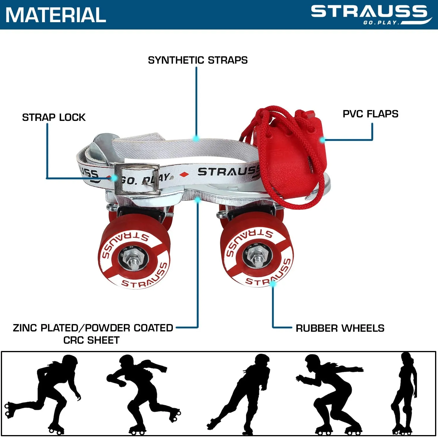 STRAUSS Tenacity Roller Skates | Roller Blades for Kids | Adjustable Shoe Size | 4 Wheels Skating Shoe for Boys and Girls | Ideal for Indoor and Outdoor Skating | Age Group 6-8 Years, (Silver)