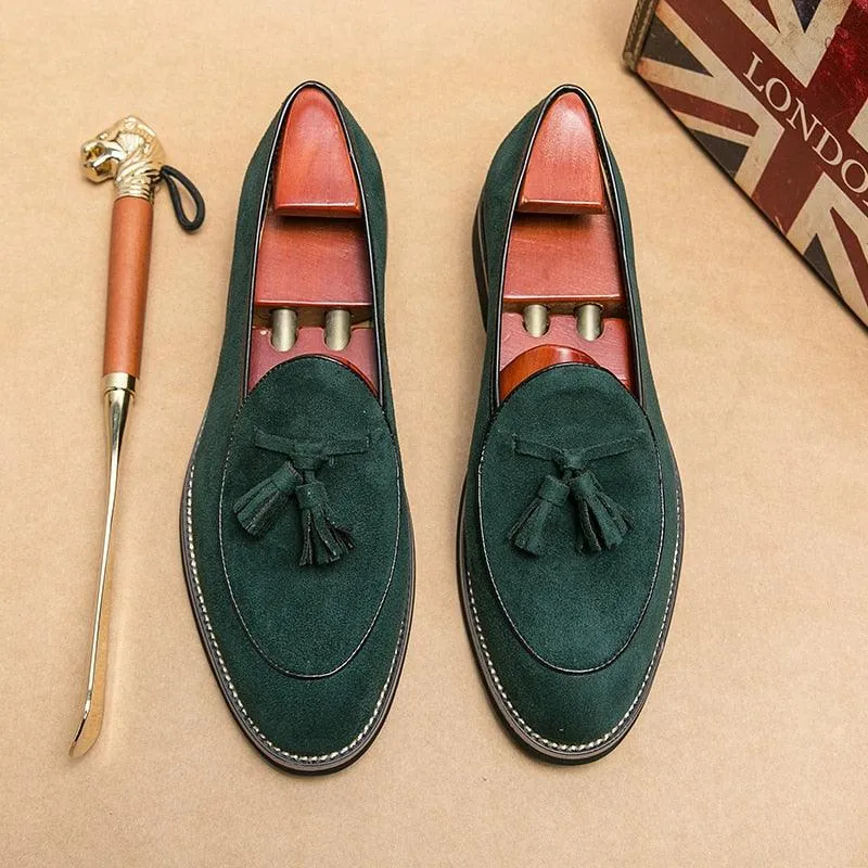 Suede Stitched Tassel Loafers - Men Shoes