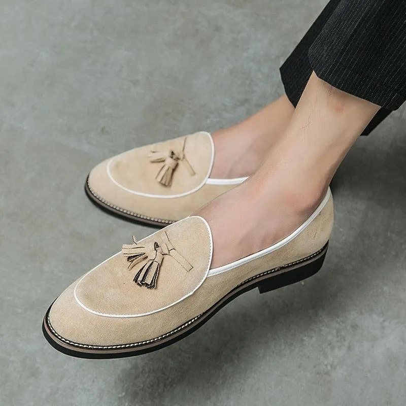 Suede Stitched Tassel Loafers - Men Shoes