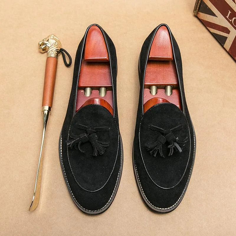 Suede Stitched Tassel Loafers - Men Shoes