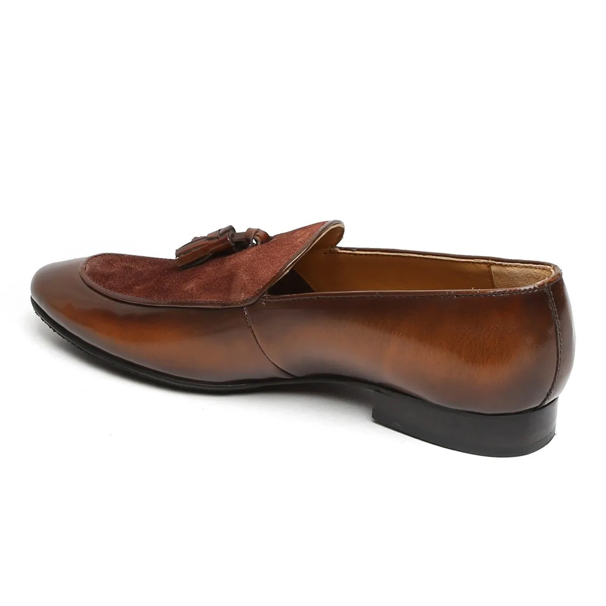 Tan Glossy/Suede Leather Apron Toe Tassel Slip-On Shoes By Brune & Bareskin