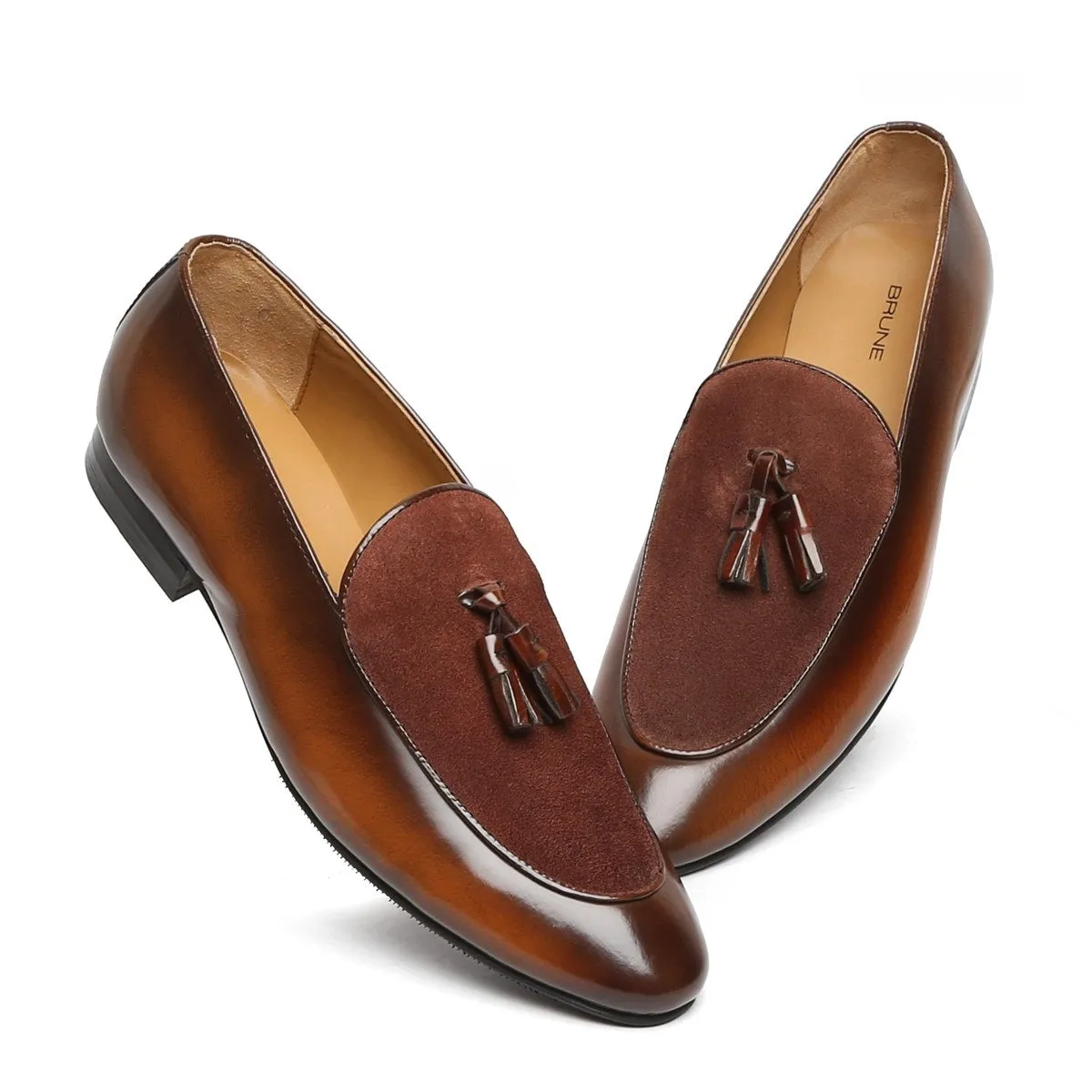 Tan Glossy/Suede Leather Apron Toe Tassel Slip-On Shoes By Brune & Bareskin