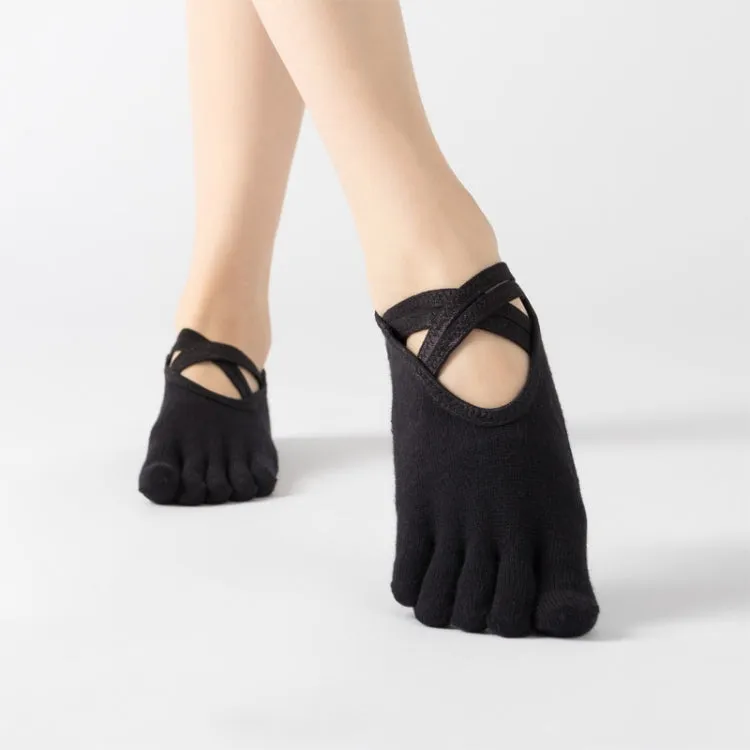 Terry Five-Finger Socks Cotton Thickened Warm and Non-Slip Yoga Socks Cross Strap Dance Socks, Size: One Size(Full Toe (Black))