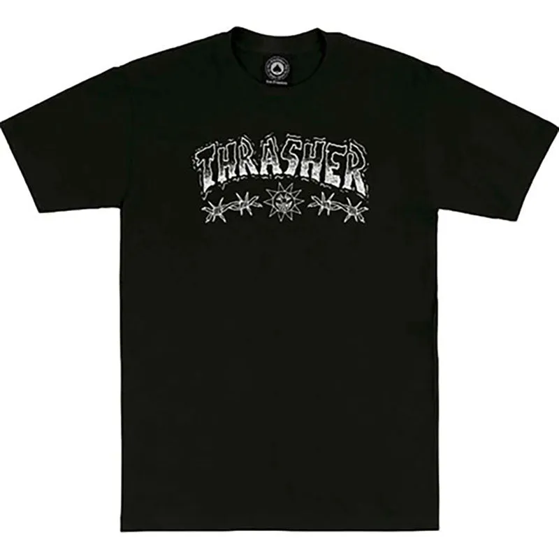 Thrasher Skateboard Magazine BARBED WIRE BLACK Short Sleeve T-Shirts