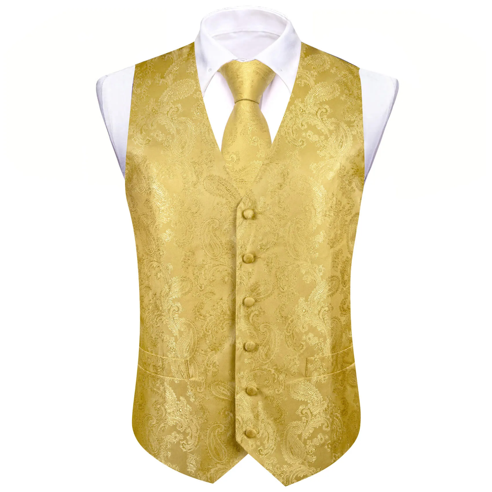 Ties2you Vest for Men Canary Yellow Paisley Silk Vest Tie Bow Tie Set Wedding