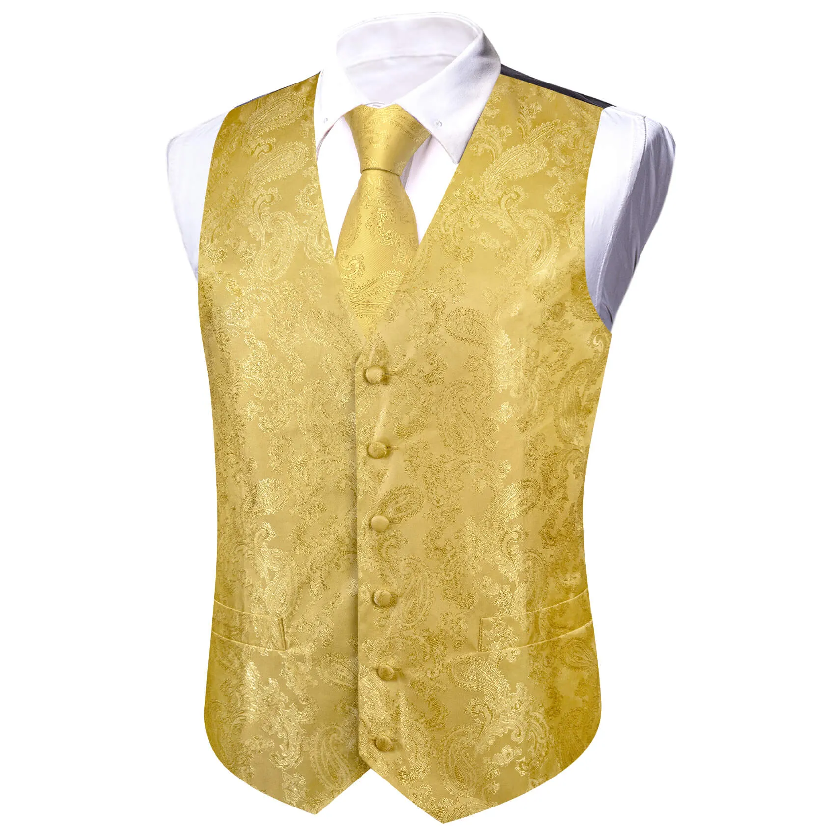 Ties2you Vest for Men Canary Yellow Paisley Silk Vest Tie Bow Tie Set Wedding