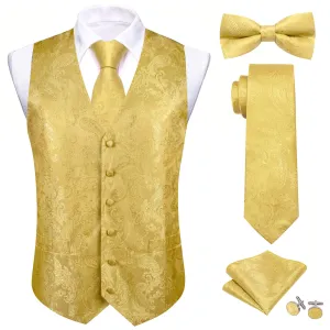 Ties2you Vest for Men Canary Yellow Paisley Silk Vest Tie Bow Tie Set Wedding