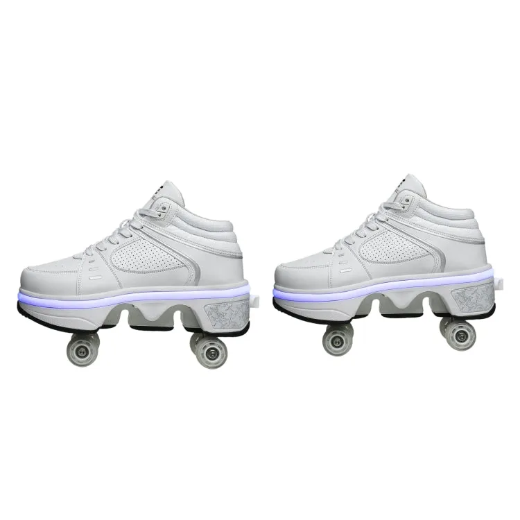 Two-Purpose Skating Shoes Deformation Shoes Double Row Rune Roller Skates Shoes, Size: 39(High-top With Light (White))