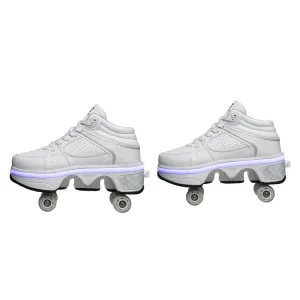 Two-Purpose Skating Shoes Deformation Shoes Double Row Rune Roller Skates Shoes, Size: 39(High-top With Light (White))