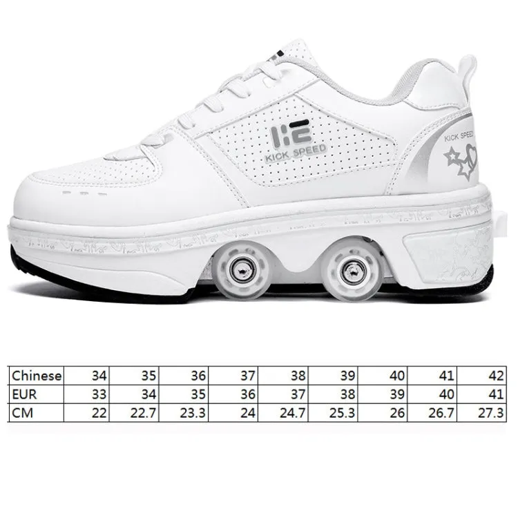 Two-Purpose Skating Shoes Deformation Shoes Double Row Rune Roller Skates Shoes, Size: 39(High-top With Light (White))