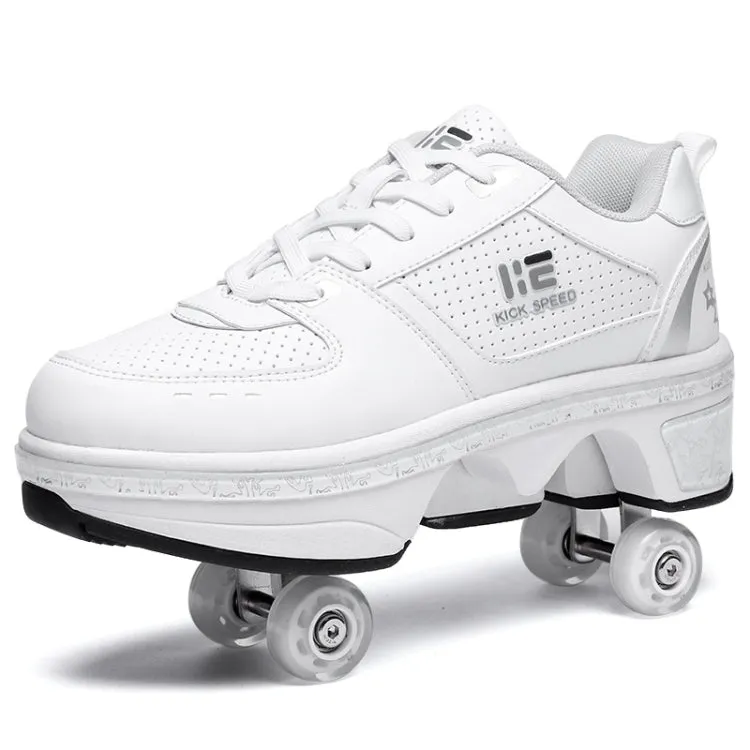 Two-Purpose Skating Shoes Deformation Shoes Double Row Rune Roller Skates Shoes, Size: 41(High-top With Light (White))