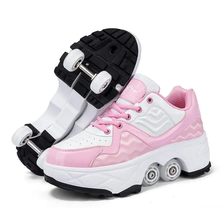 With Brakes Deformable Four-wheel Retractable Double-row Dual-purpose Roller Skates, Size: 41(DF08 Pink)