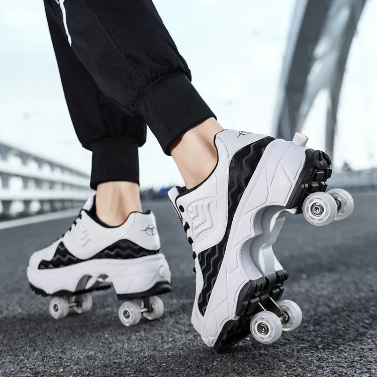 With Brakes Deformable Four-wheel Retractable Double-row Dual-purpose Roller Skates, Size: 41(DF08 White)