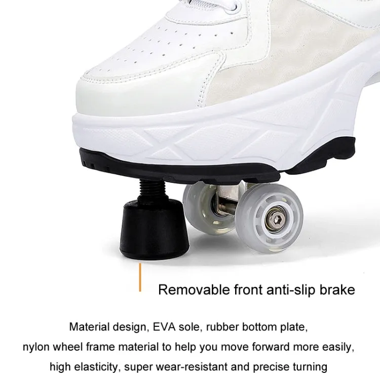 With Brakes Deformable Four-wheel Retractable Double-row Dual-purpose Roller Skates, Size: 41(DF08 White)