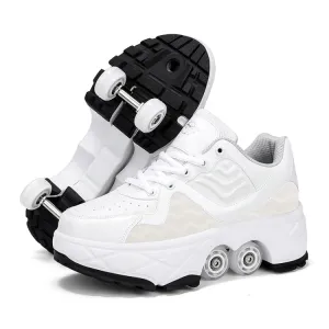 With Brakes Deformable Four-wheel Retractable Double-row Dual-purpose Roller Skates, Size: 41(DF08 White)