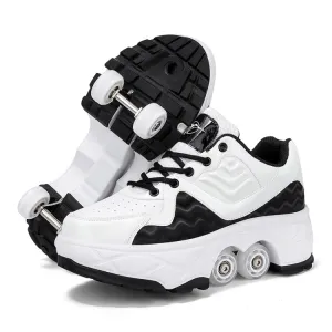 With Brakes Deformable Four-wheel Retractable Double-row Dual-purpose Roller Skates, Size: 42(DF08 White Black)