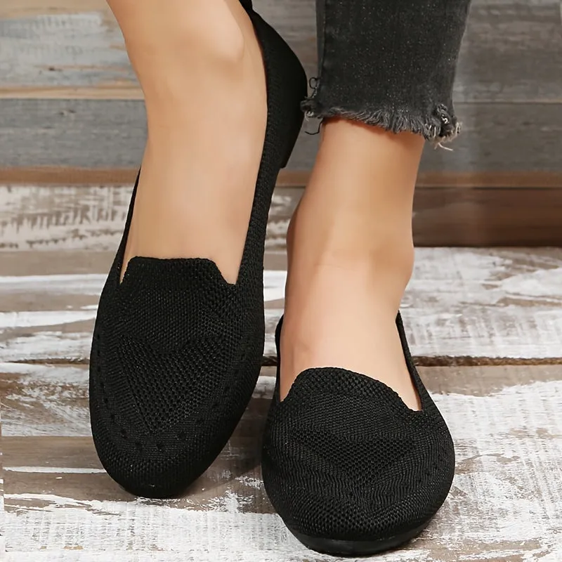 Women's Black Slip On Flats Breathable Knitted Round Toe Non-slip Casual Lightweight Walking Shoes