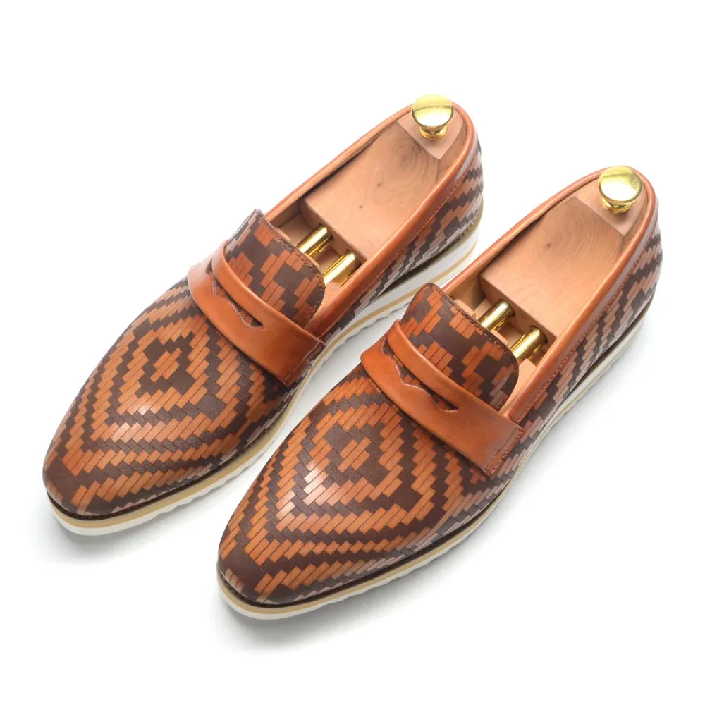 Woven Geometric Genuine Leather Loafers