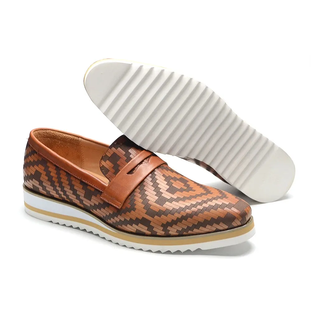 Woven Geometric Genuine Leather Loafers