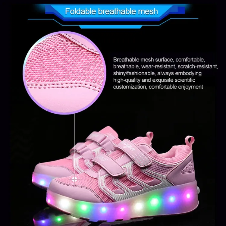 WS01 LED Light Ultra Light Mesh Surface Rechargeable Double Wheel Roller Skating Shoes Sport Shoes, Size : 31(Pink)