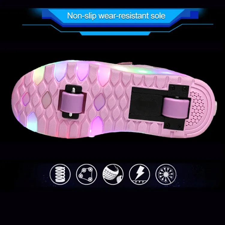 WS01 LED Light Ultra Light Mesh Surface Rechargeable Double Wheel Roller Skating Shoes Sport Shoes, Size : 31(Pink)