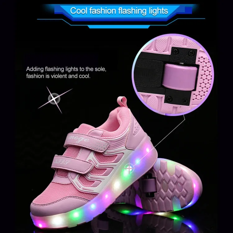 WS01 LED Light Ultra Light Mesh Surface Rechargeable Double Wheel Roller Skating Shoes Sport Shoes, Size : 31(Pink)