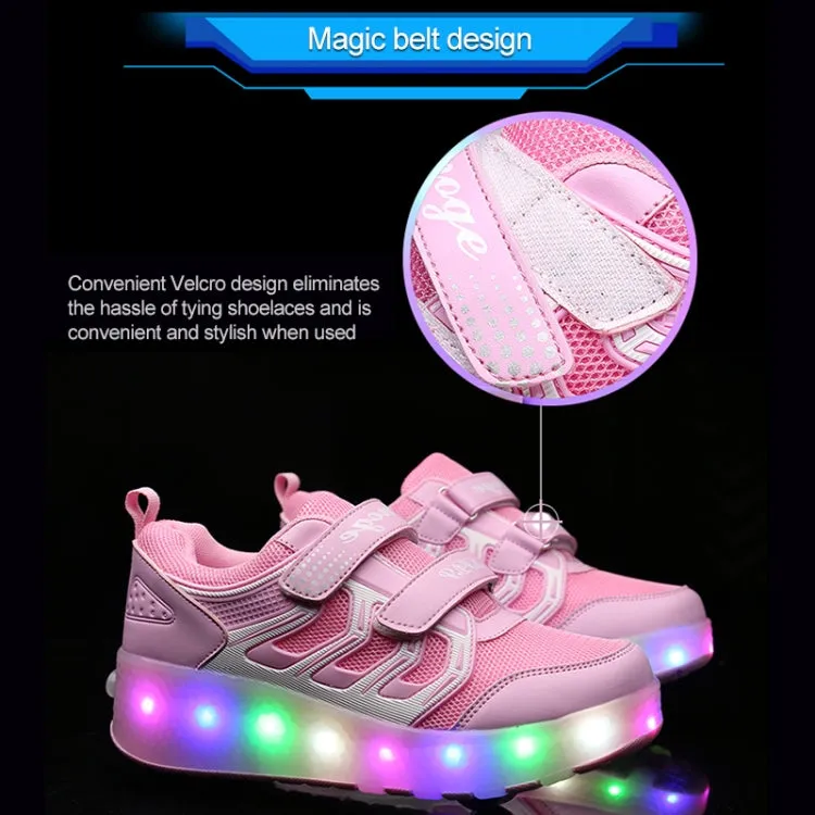 WS01 LED Light Ultra Light Mesh Surface Rechargeable Double Wheel Roller Skating Shoes Sport Shoes, Size : 31(Pink)