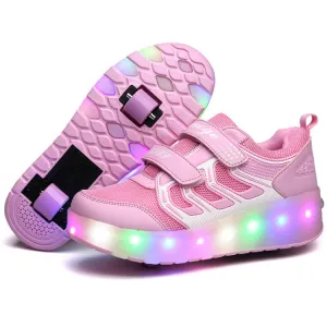 WS01 LED Light Ultra Light Mesh Surface Rechargeable Double Wheel Roller Skating Shoes Sport Shoes, Size : 36(Pink)