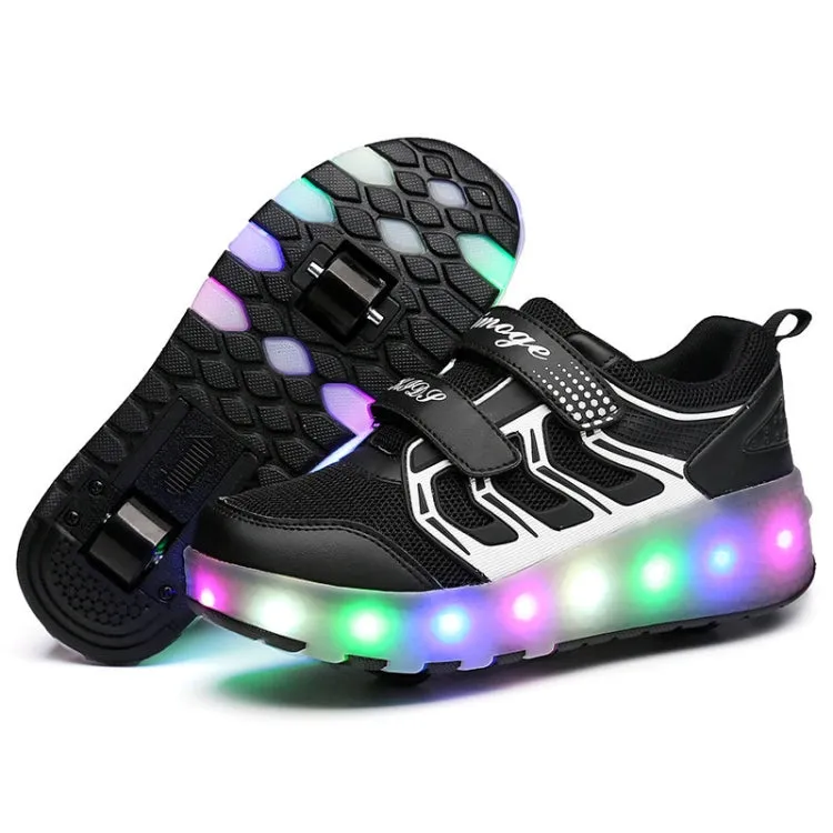 WS01 LED Light Ultra Light Mesh Surface Rechargeable Double Wheel Roller Skating Shoes Sport Shoes, Size : 39(Black)