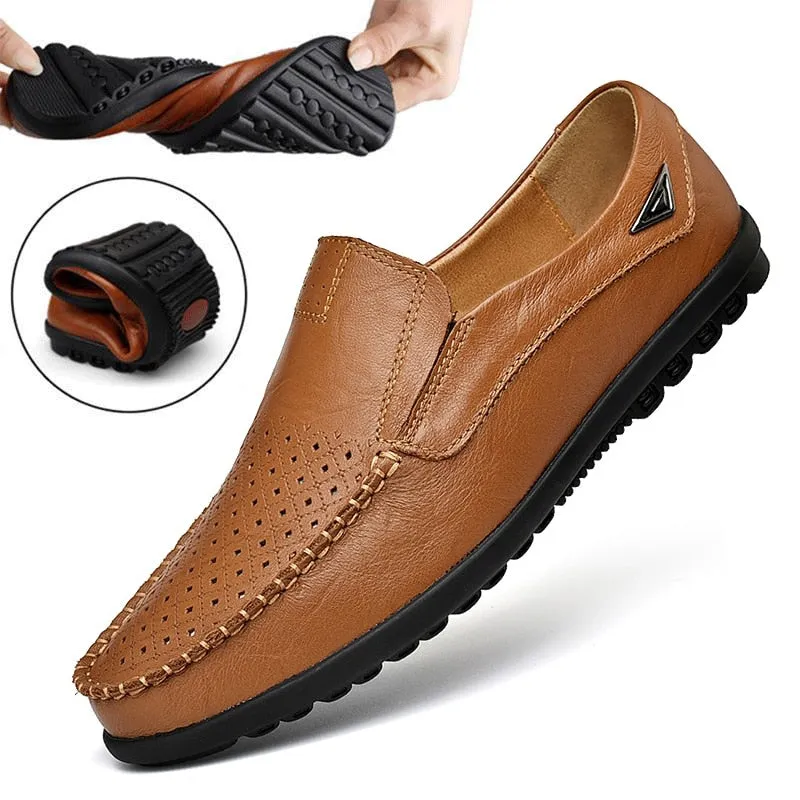 Yeknu Leather Men Shoe Casual Luxury Brand Summer Mens Loafers Genuine Leather Moccasins Hollow Out Breathable Slip on Shoes For Men