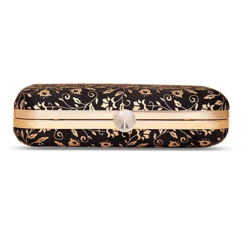 ZOUK Srinagar Garden Floral Printed Women's Mashru silk Black and Golden Clutch